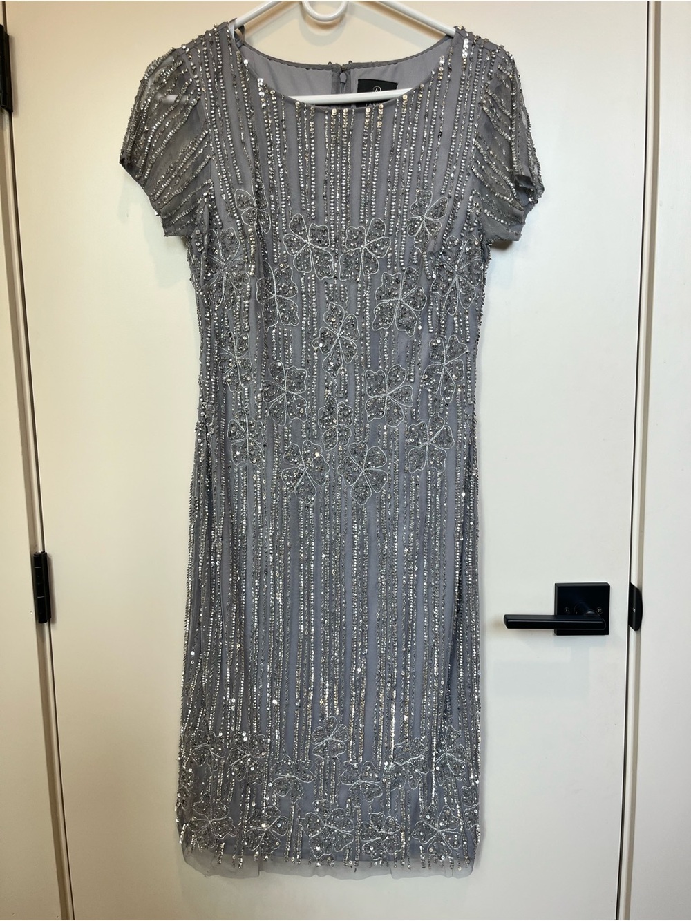 Adrianna Papell Silver Beaded Midi Dress